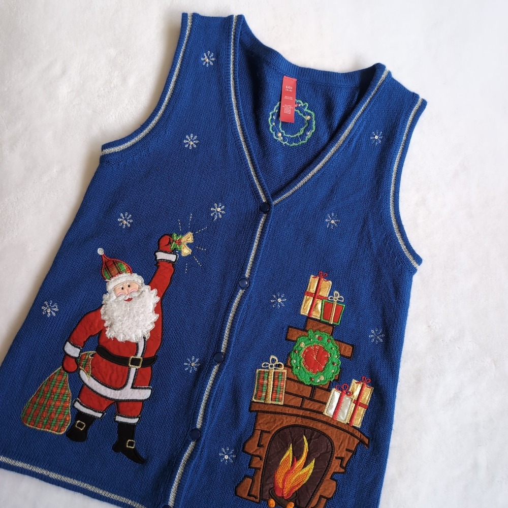Ugly Christmas Sweater Vest Womens S Blue Santa Fireplace Embroidered Cardigan